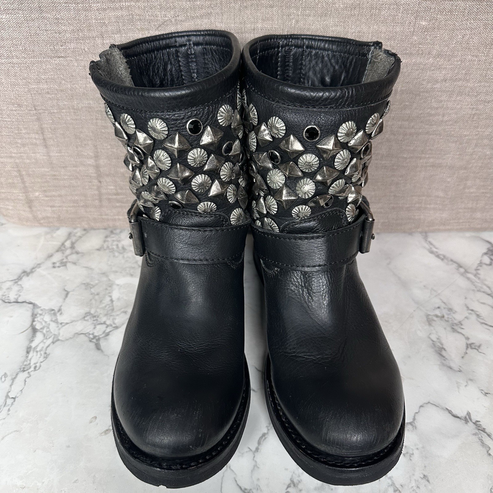 Ash Titanic Distressed Black Leather Ankle Boots Sz 6 Moto Biker Studs R-Stone