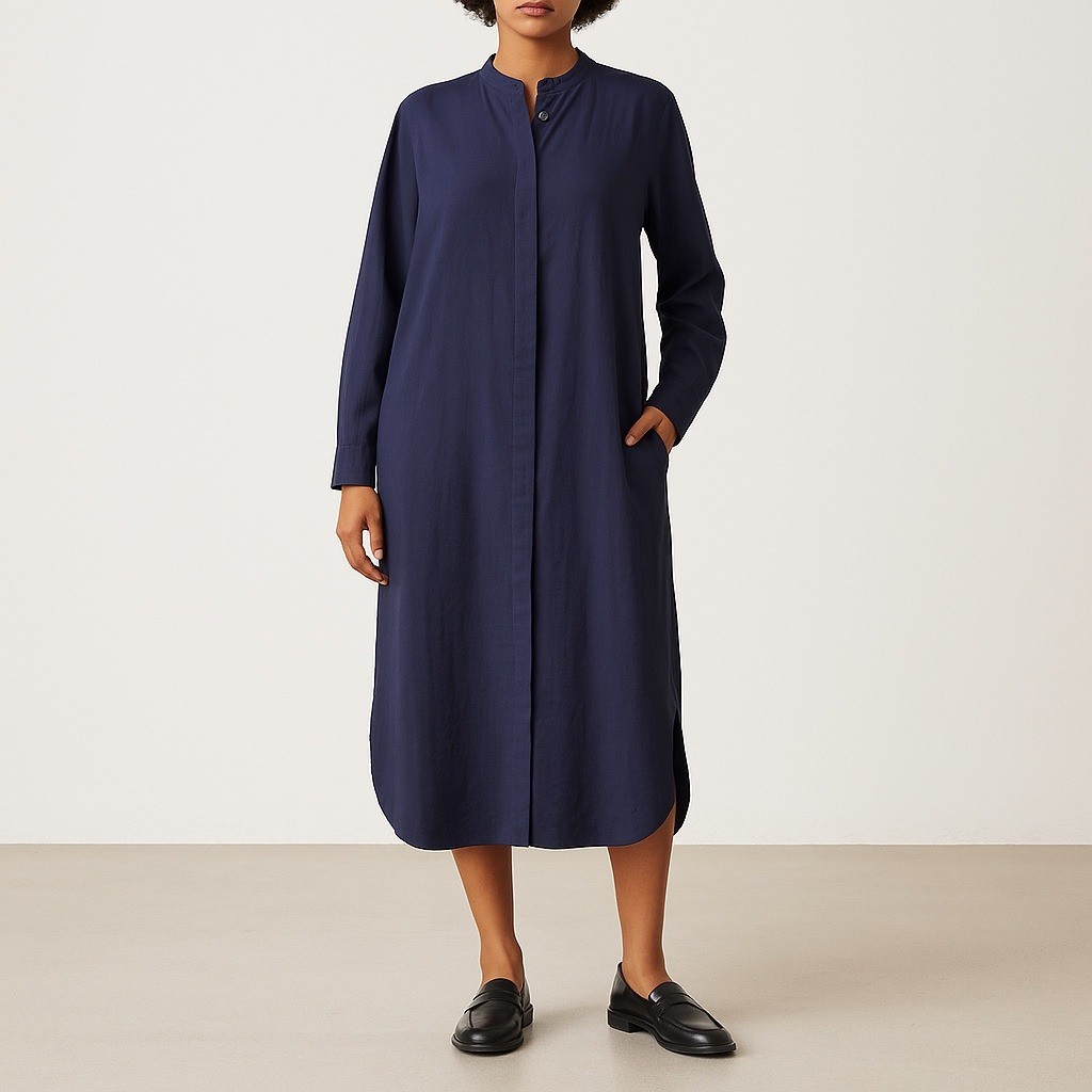 COS Long Sleeve Button Front Midi Shirt Dress Size 2 Navy Blue Capsule Staple