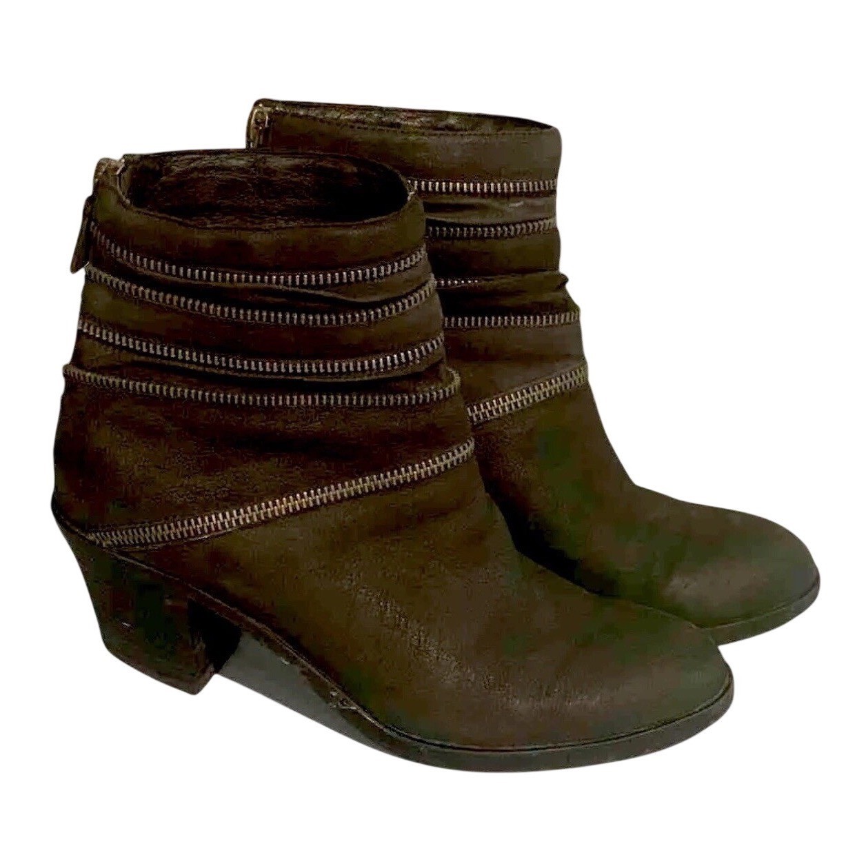 Eileen Fisher Ankle Boots Womens 8.5 Brown Leather Multi Zipper Moto Block Heel