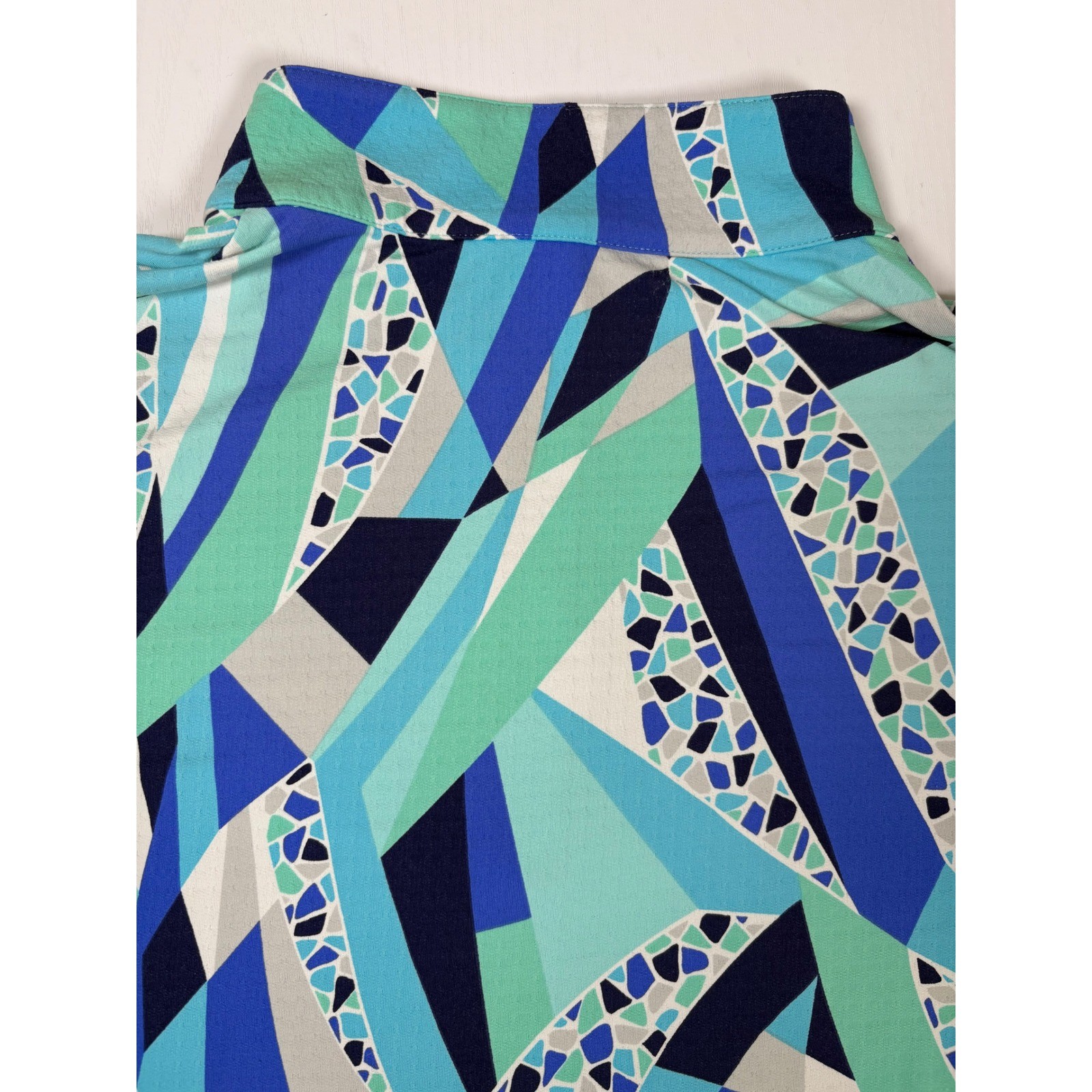 IBKUL Briana Long Sleeve Mock Neck Top Sun Shirt Blue Geometric Mosaic UPF 50 L