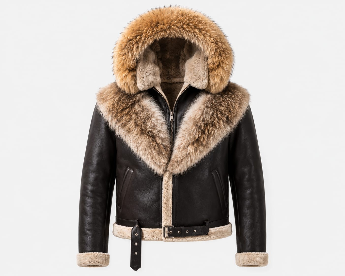 Men’s Genuine Sheepskin Shearling Leather Jacket Hooded Fur Trim Winter Coat