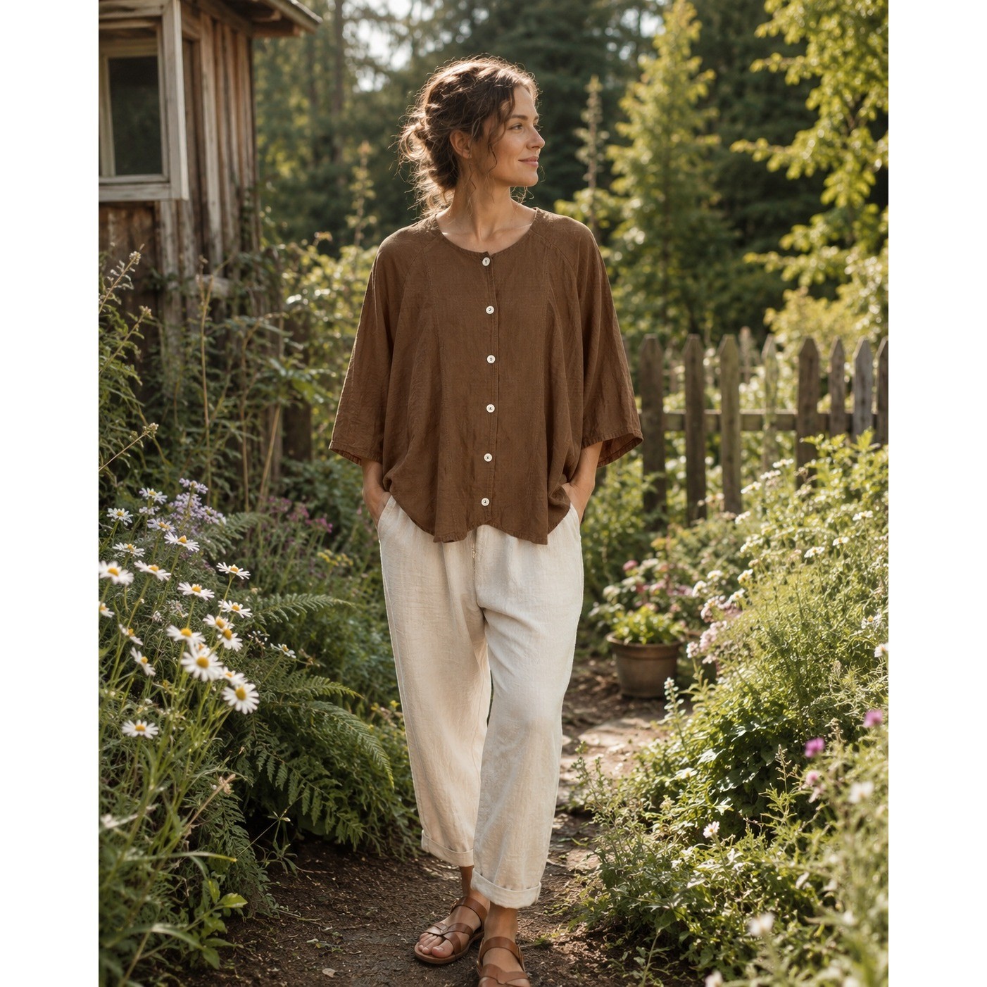 B’ Gauze Brown Cotton Button Front Oversized Top Made in USA One Size Fits All