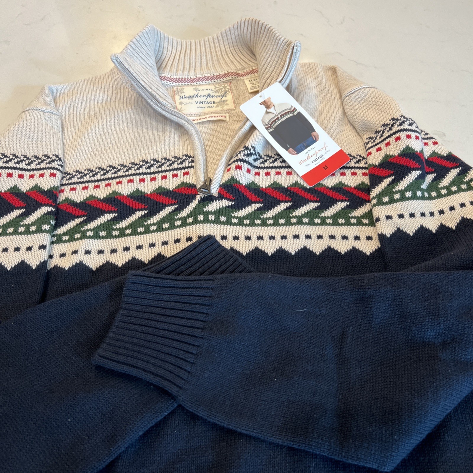 Vtg Original Weatherproof NAVY Nordic Sweater Holiday 100% Cotton Sz M -NEW