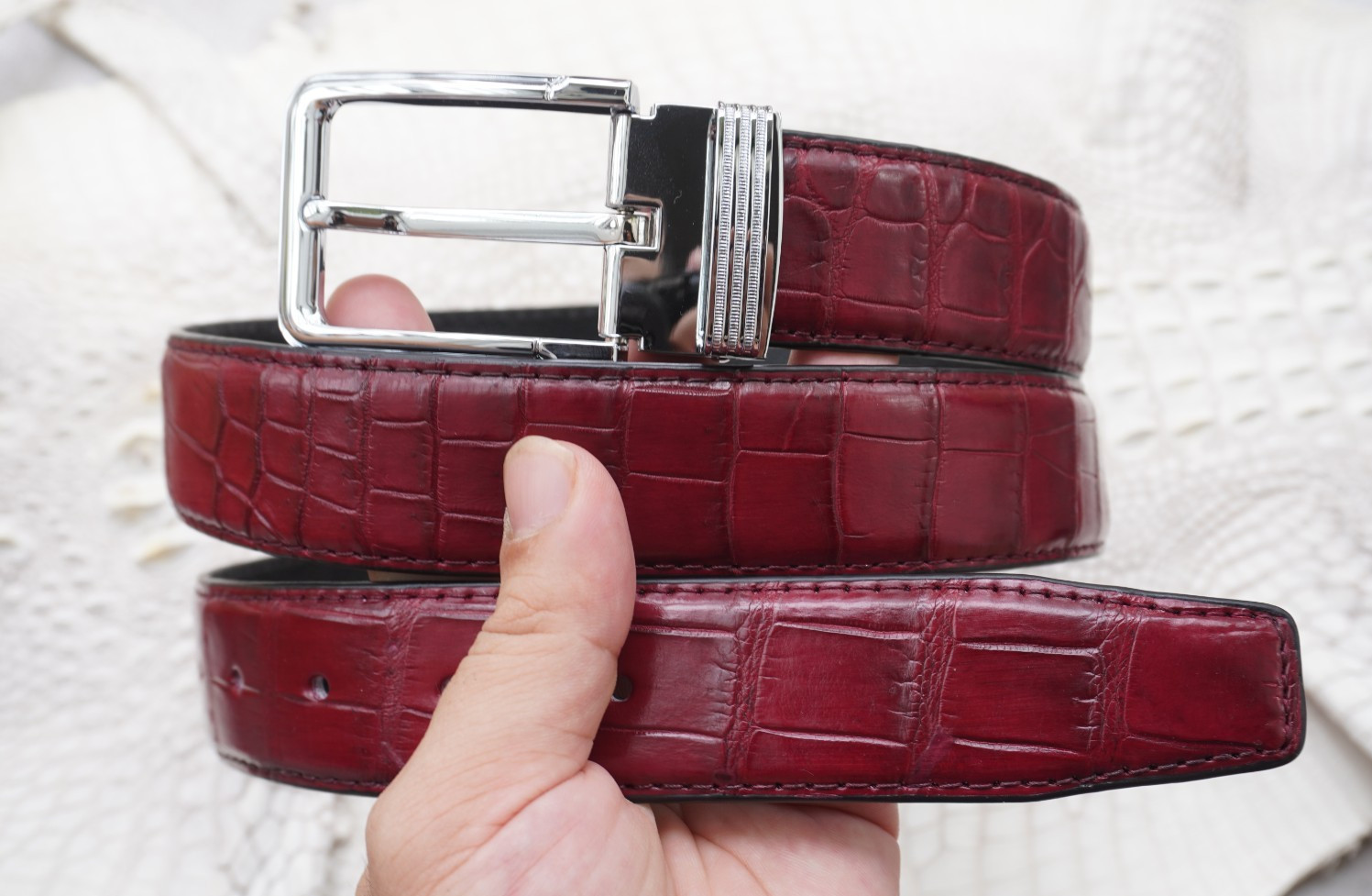 W 1.3 inch- Burgundy Genuine CROCODILE Belly LEATHER Skin Men’s Belt #Y20