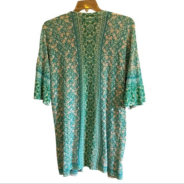 Chicos Soft Tile Stripe Duster Cardigan Sweater 2 L Turquoise Boho Open Front