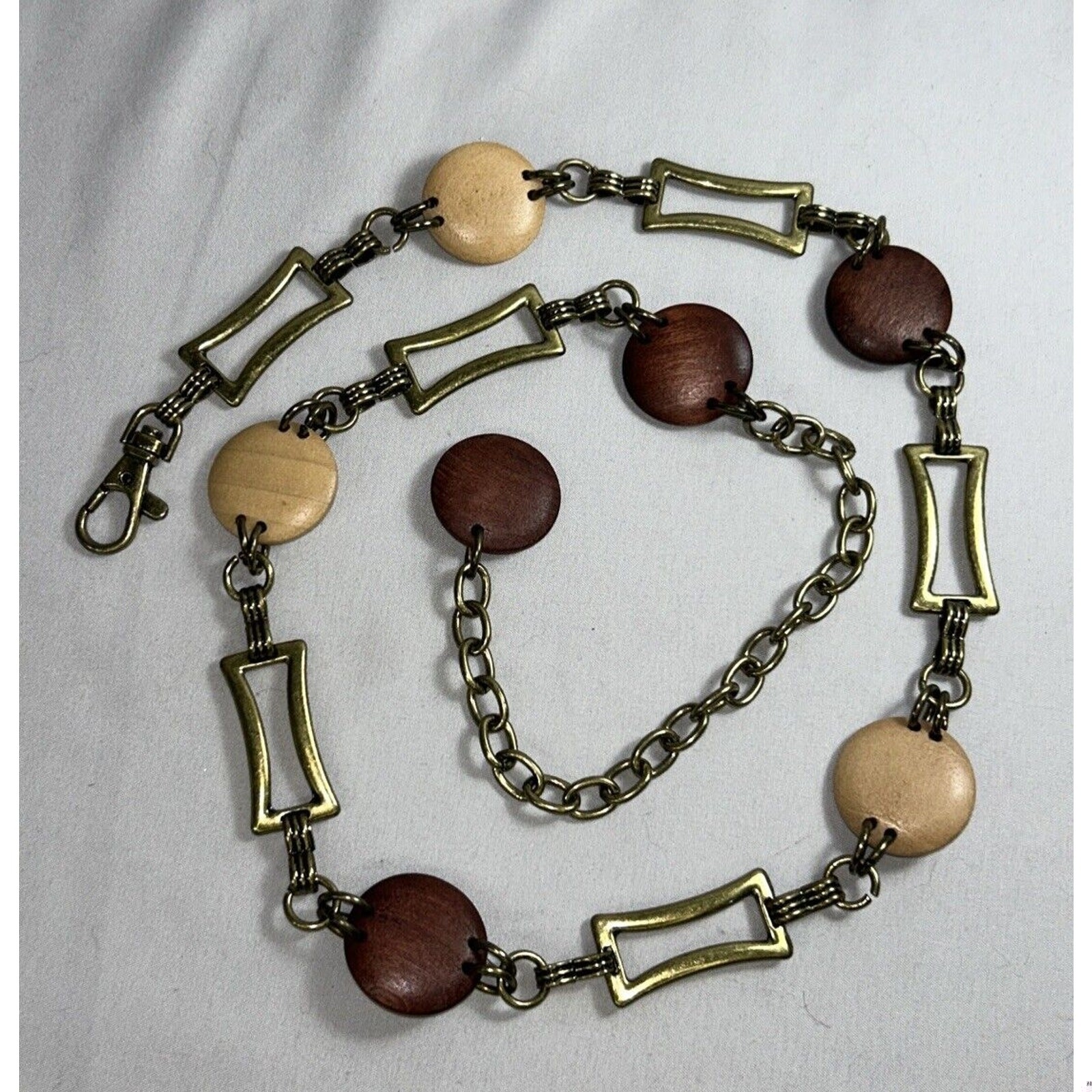 38” Vintage Goldtone And Wood Chain Dress Waist Belt With Lobster Clasp