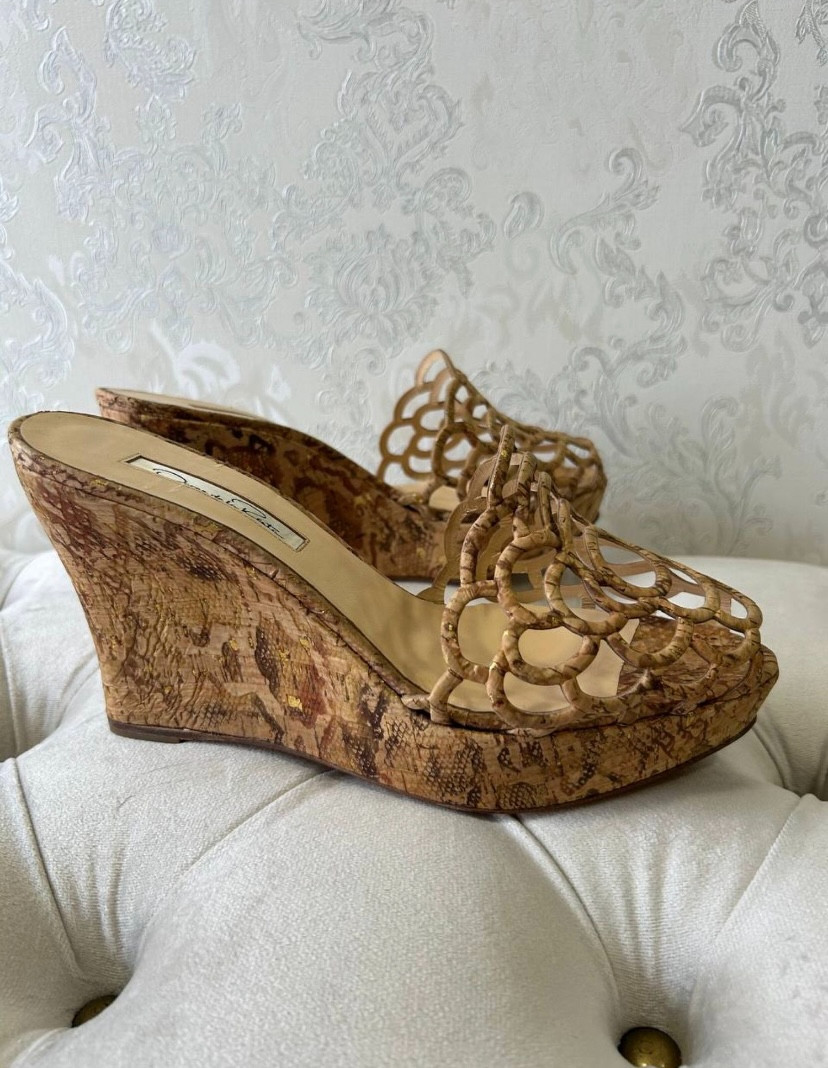 Oscar de la Renta Cork Wedge Sandals Mules Cutout Gold Fleck EU 40 US 10