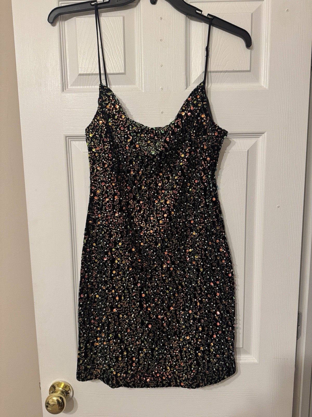 Women’s Black/Multicolor Sequin V-Neck Spaghetti Strap Mini Bodycon XL