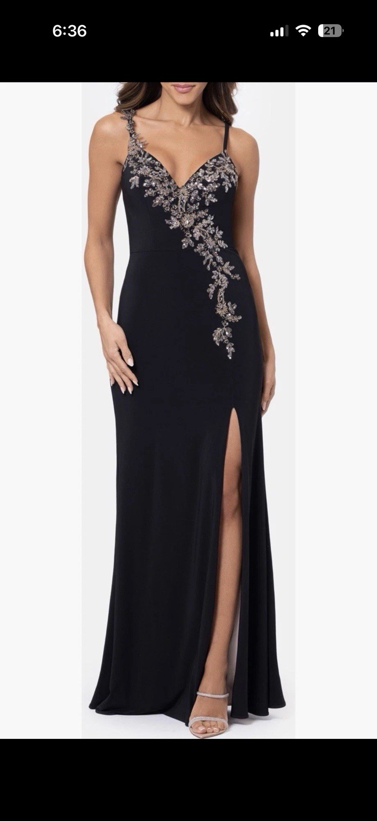 Xscape Size 12 Black Long Sheath V-Neck Spaghetti Strap Floral Beaded Slit
