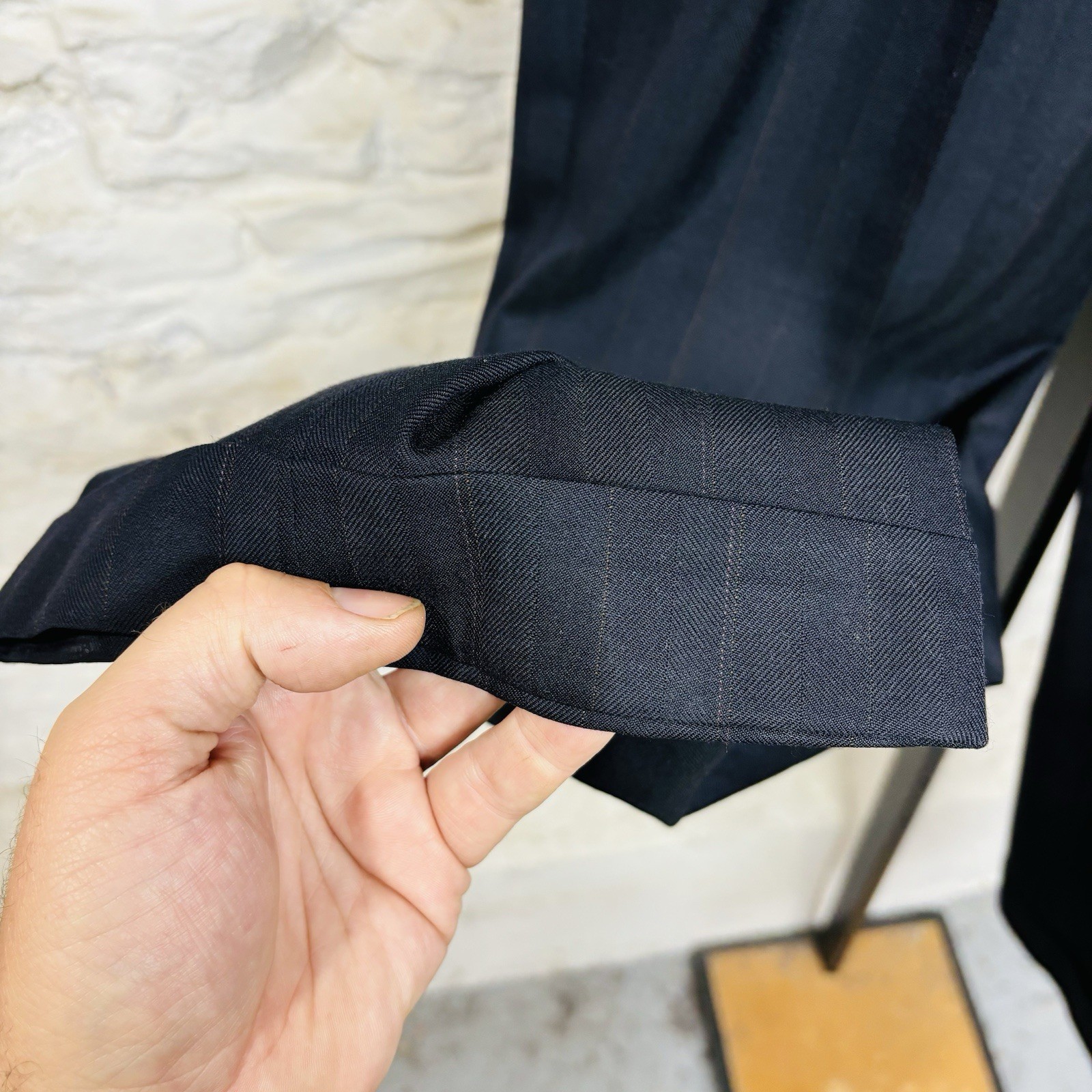 Burberry’s Striped Navy Double Breasted Wool 2-Piece Suit 34×30 Cuffed Pant Vtg