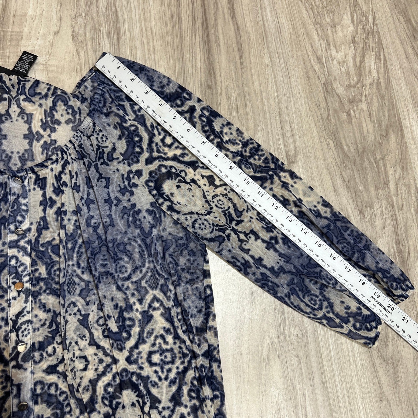 INC International Concepts Mesh Blouse XL Blue Gray Damask Paisley 3/4 Sleeve