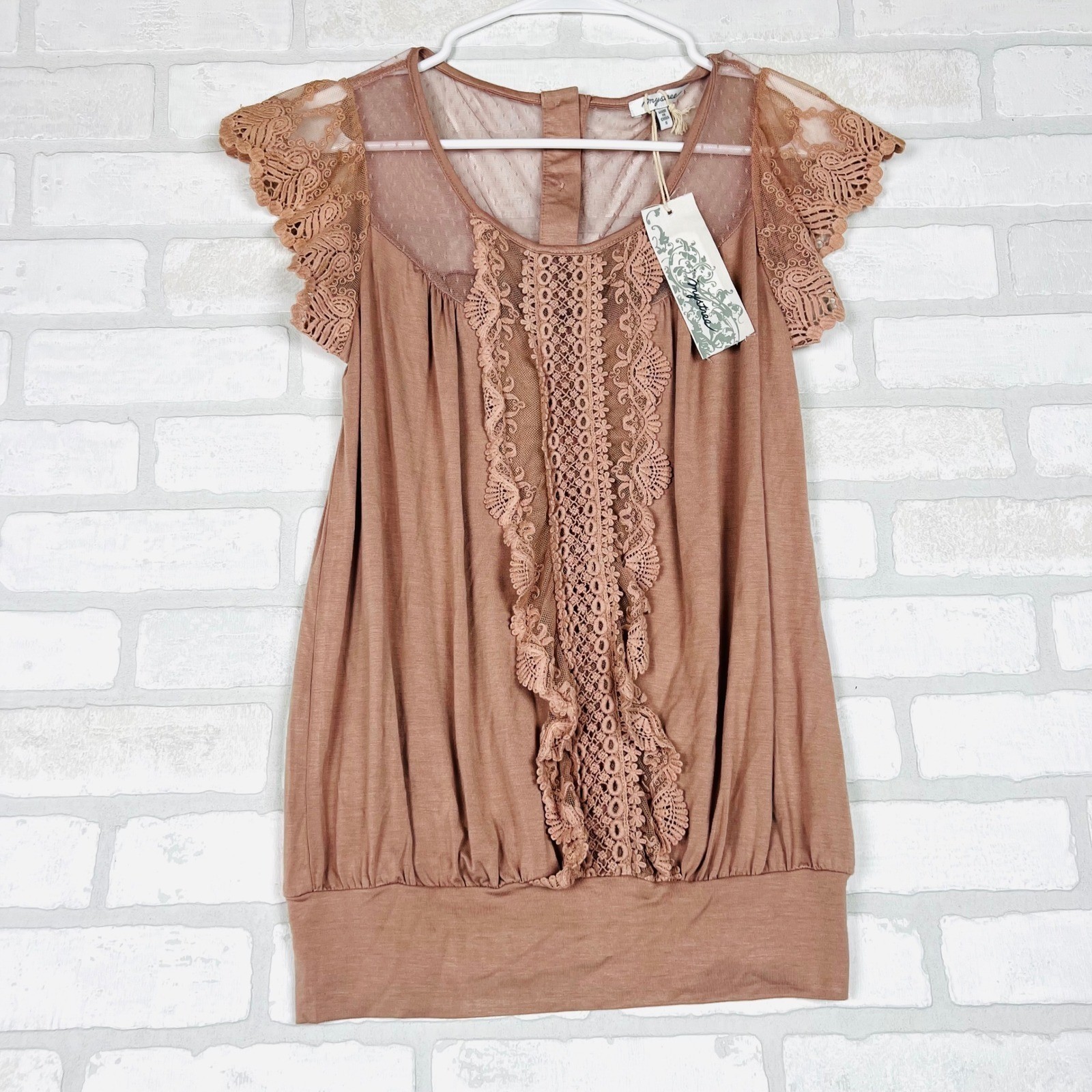 Mystree Mauve Lace Crochet Mesh Flutter Sleeve Blouson Top Small NWT