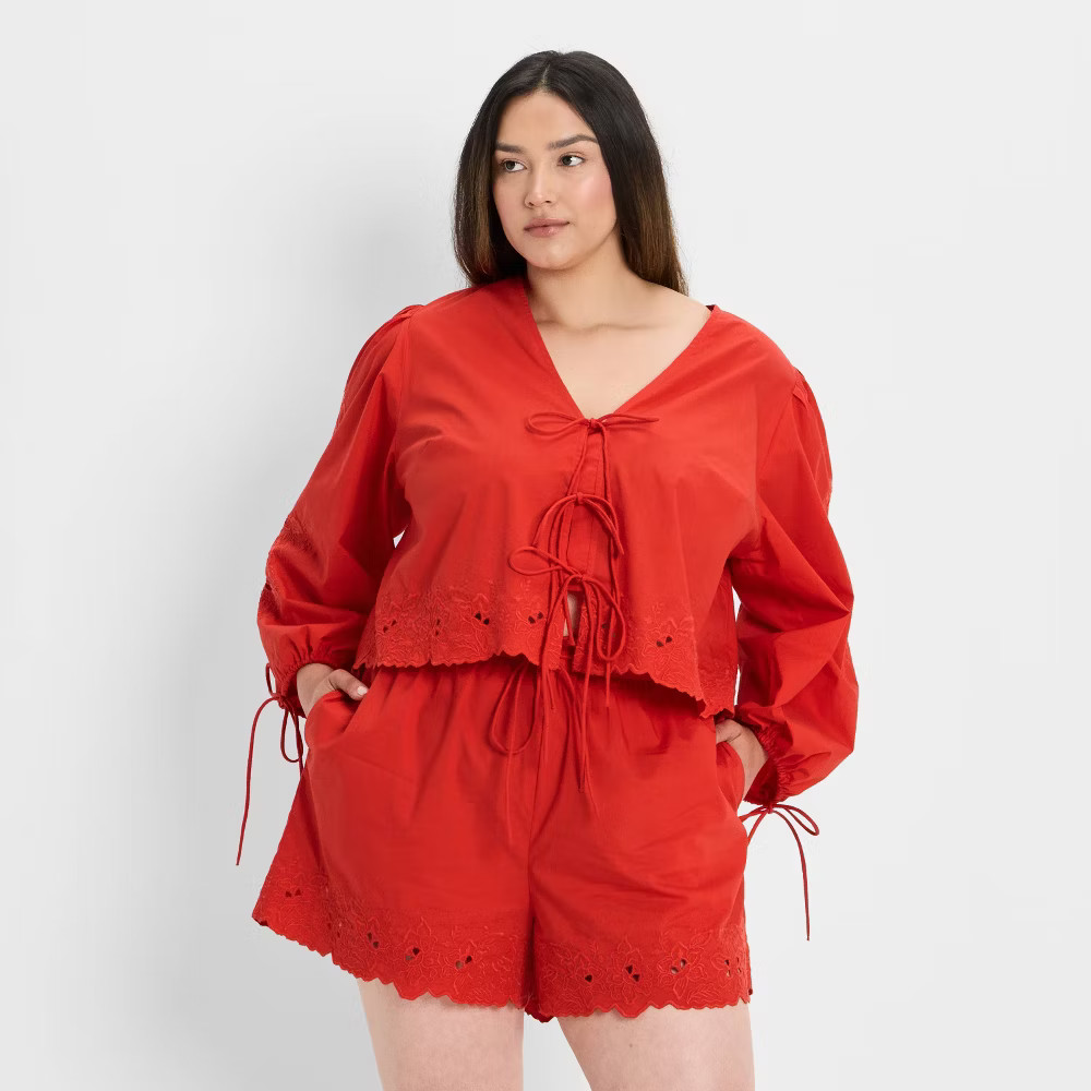 Women Long Sleeve Eyelet Tie-Front Poplin Blouse – Future Collective Red 2X