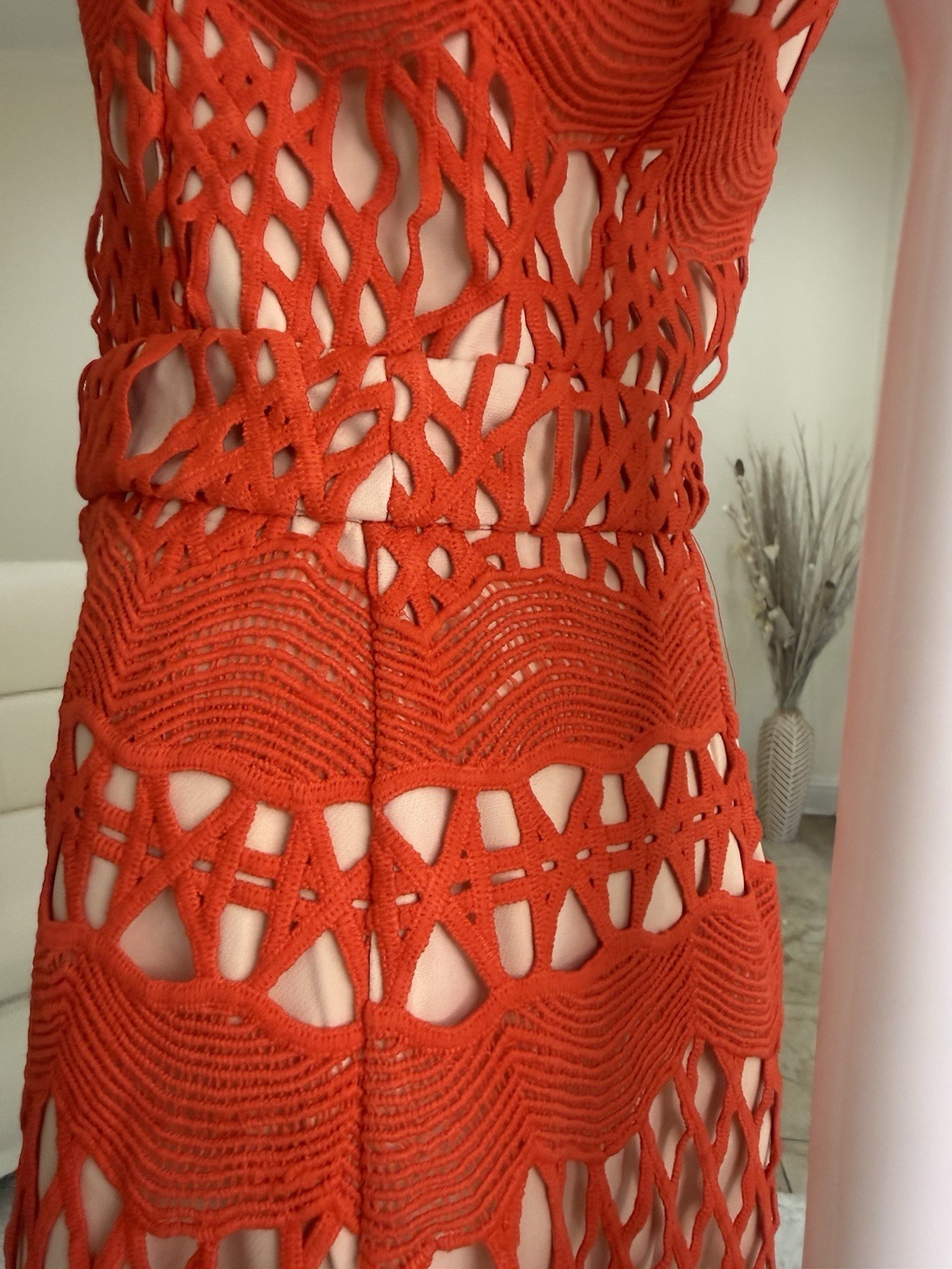Endless Rose Women’s Guipure Lace Bodycon Dress in Orangish-Red/ Chili Size M