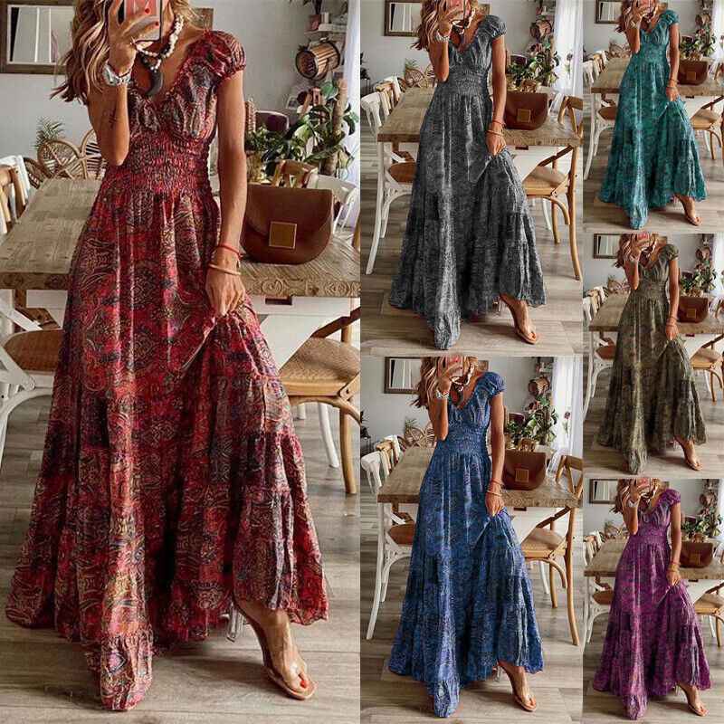 Women’s Sundress Neck Beach Boho Summer Maxi Holiday Dress V Ladies Floral