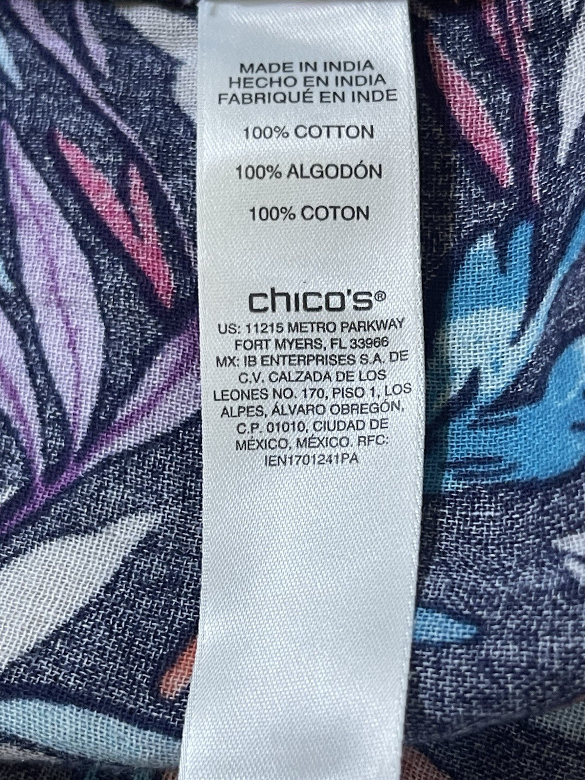 Chicos Cotton Navy Blue &Leaves Print Blouse Crochet Trim Drawstring Tassel Sz 1