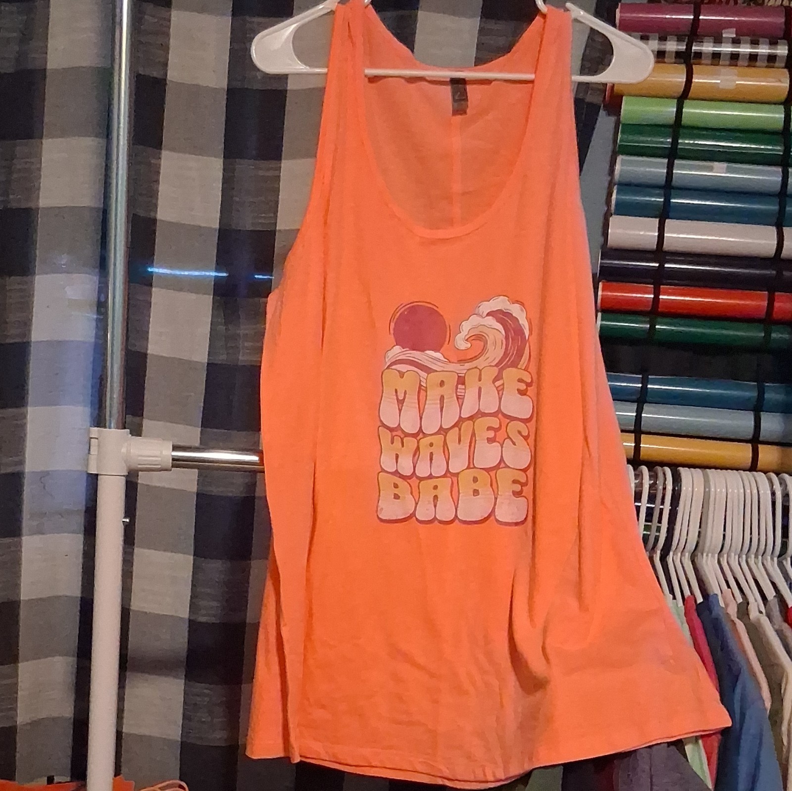 Women’s Orange “Make Waves Babe” Graphic Tank Top, 2XL Scoop Neck Beach