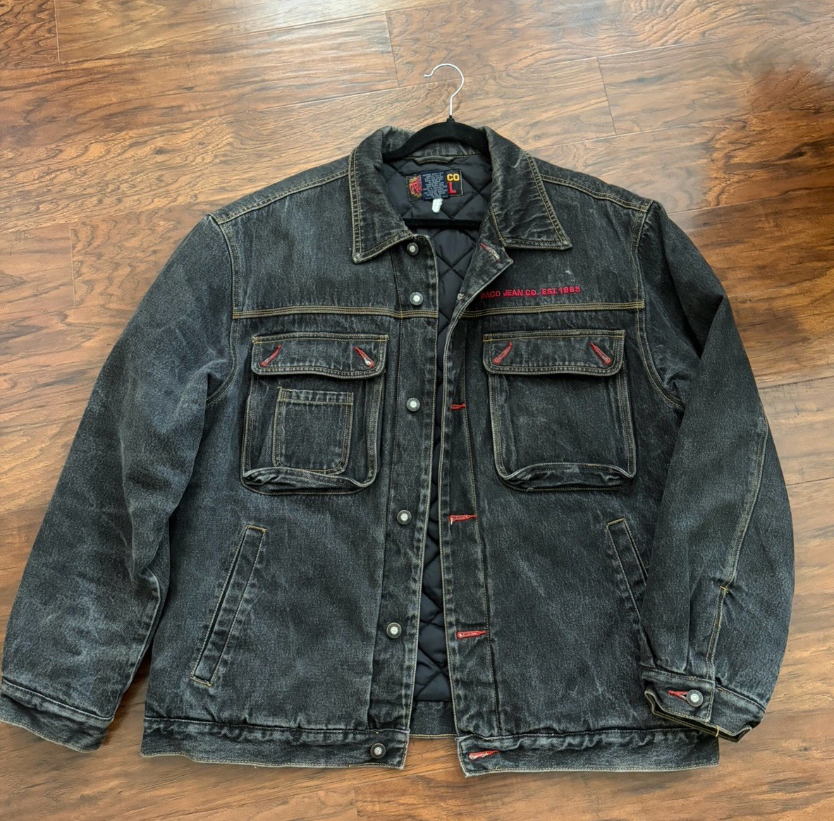 PACO Men’s Black Denim Jacket XL Embroidered Logo Lined Button Front