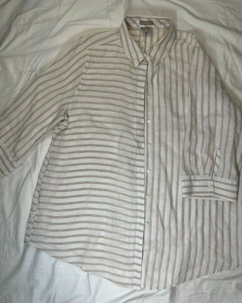 Chico’s Button up Linen Top Womens Sz 3 ( 16/18) Striped Beige/White 100% Linen