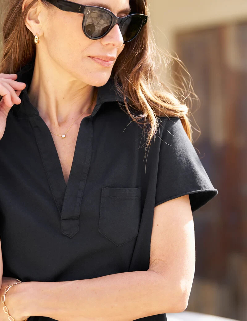 Frank & Eileen Heritage Jersey Cotton Polo Collar Dress In Black. Size XS —