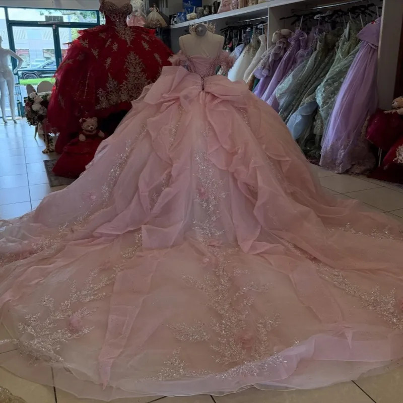 Pink Shiny Quinceanera Dress with Off Shoulder Applique Bow Chiffon Ball Gown