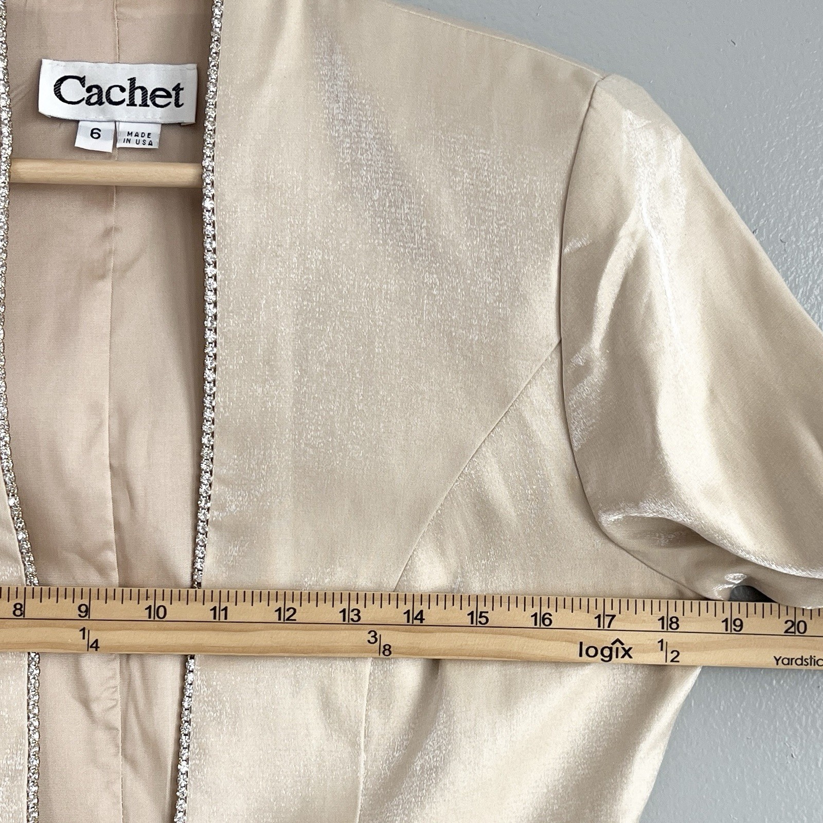 Vintage Cachet Blazer Jacket Beige Tan One Button Rhinestone Satin USA Made 6