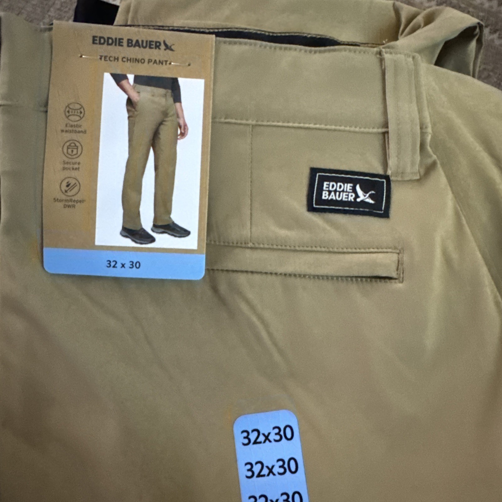 Eddie Bauer Tech Men’s Chino Pants Khaki 32 X 30 Water Repellent UPF50 Stretch