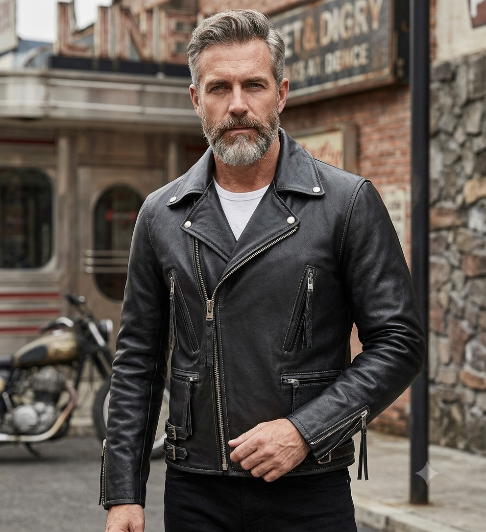 Men’s Genuine Leather Double Rider Jacket Classic Brando Motorcycle Biker Coat