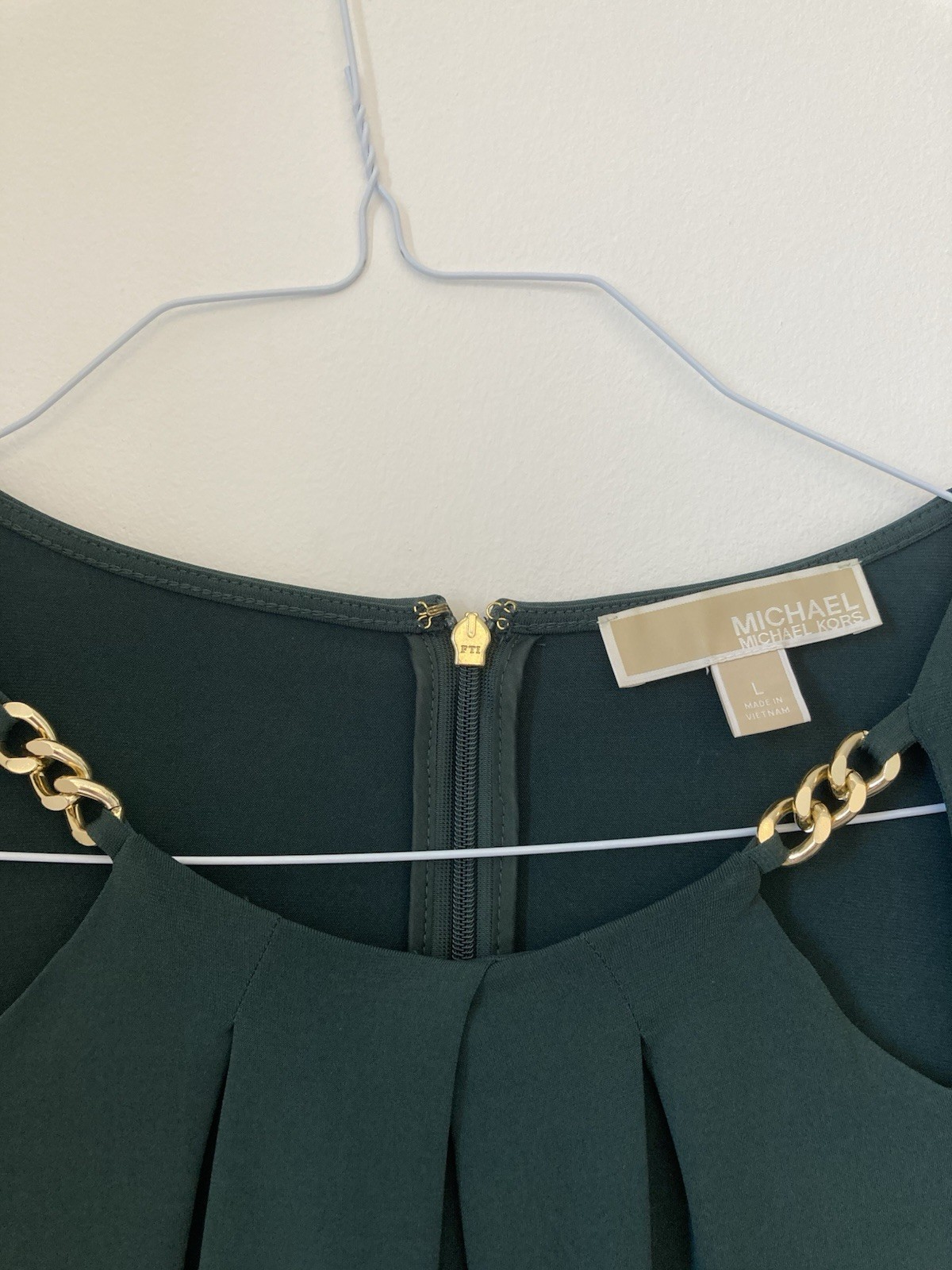 Michael Kors Teal Jersey Shift Dress Gold Chain Accent Ruffle Sleeve Size L