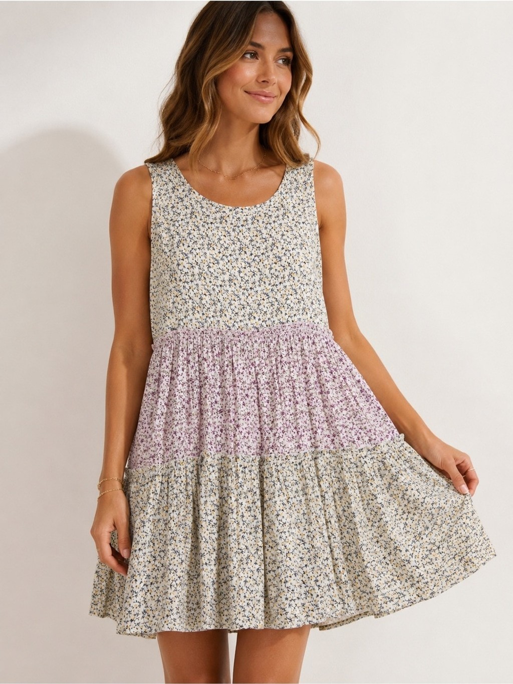Altard State Floral Tiered Sleeveless Mini Dress Tie Back Large Boho