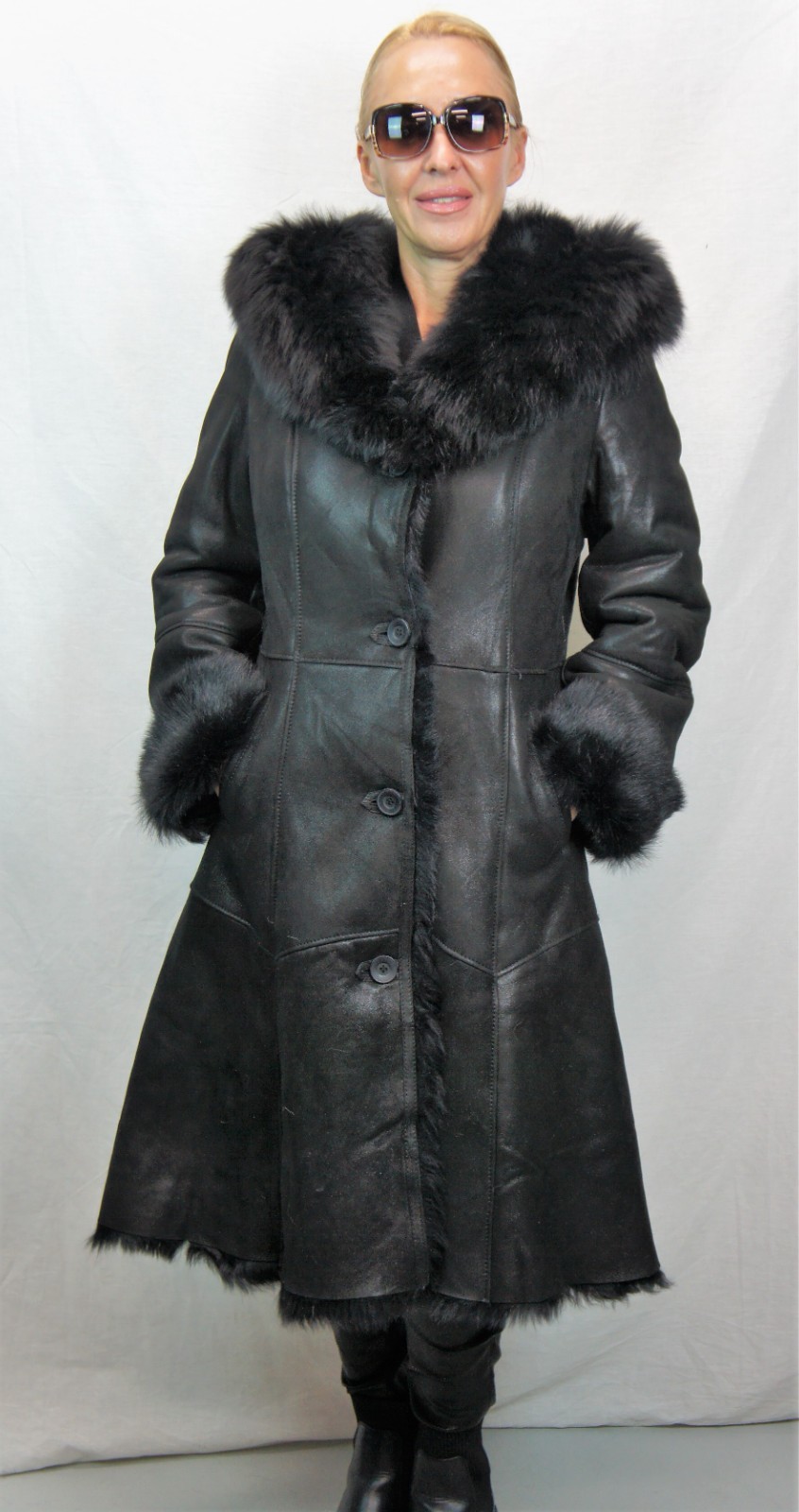 REAL 100% Sheepskin Shearling Leather Toscana Long Coat Hood DAKOTA BLACK XS-6XL