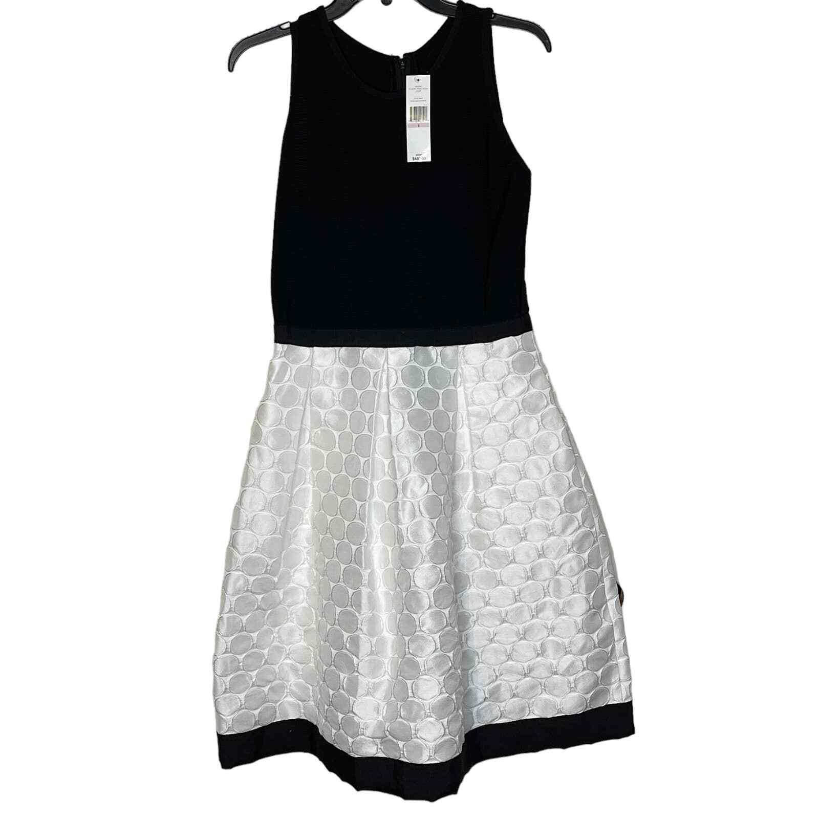 Carmen Marc Valvo Colorblock Fit & Flare Dress White Polka Dot Skirt Women 6 NWT