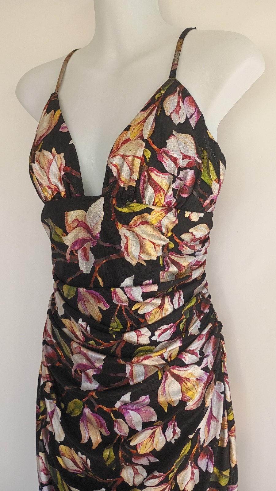 NBD Revolve Deidre Midi Dress Black Pink Floral Ruched Cocktail Wedding Guest L