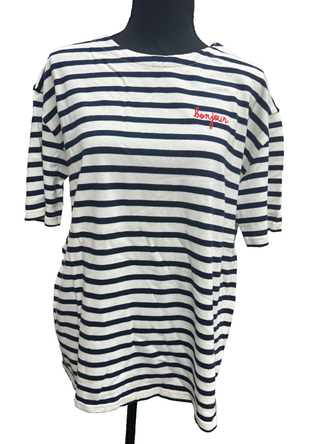 Maison Labiche Paris Bonjour Striped Ivory Navy Size M 100%Cotton Tshirt New