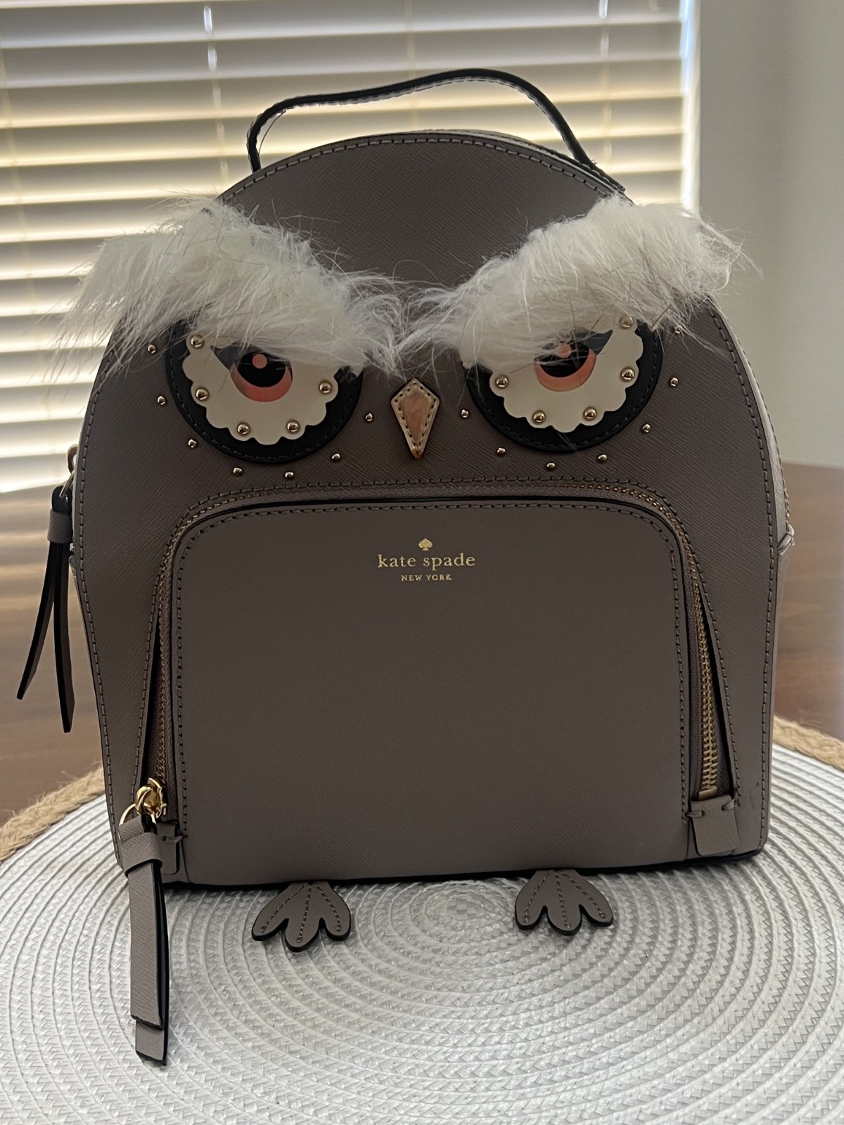 KATE SPADE gray owl backpack with diamond embellishment