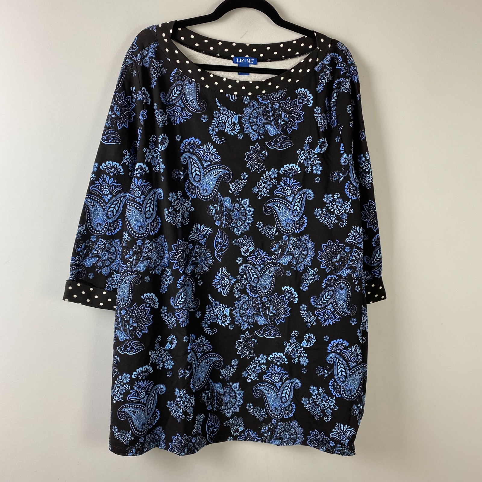 Liz & Me Boat Neck Top Size 1X Cotton 3/4 Sleeves Black Blue Paisley