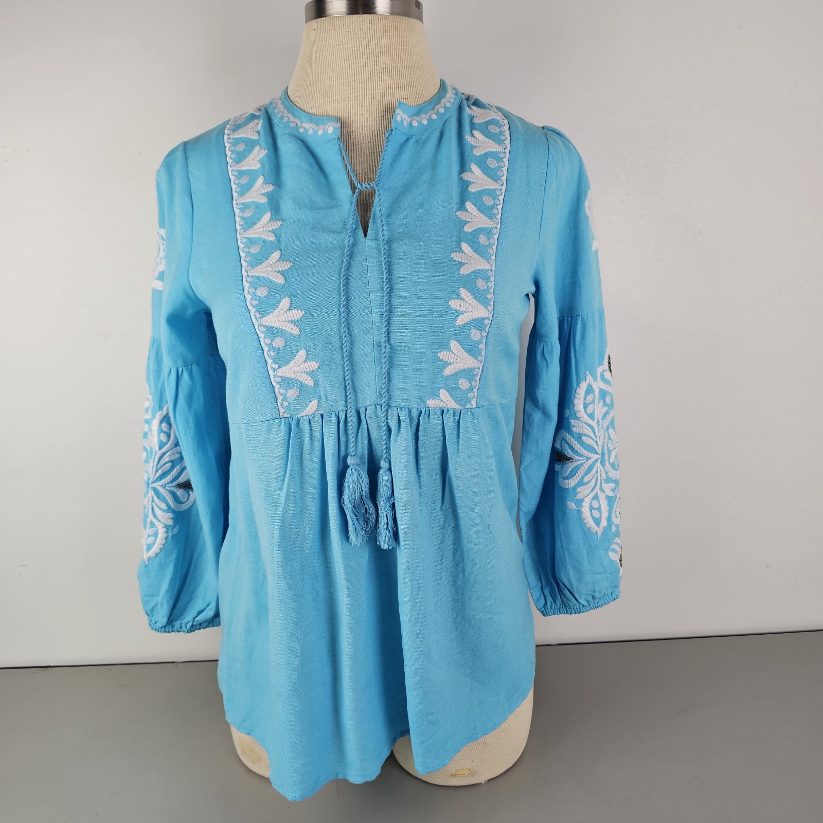 Soft Surroundings Marissa Top In Atlas Blue Embroidered Beaded Boho Sz Small