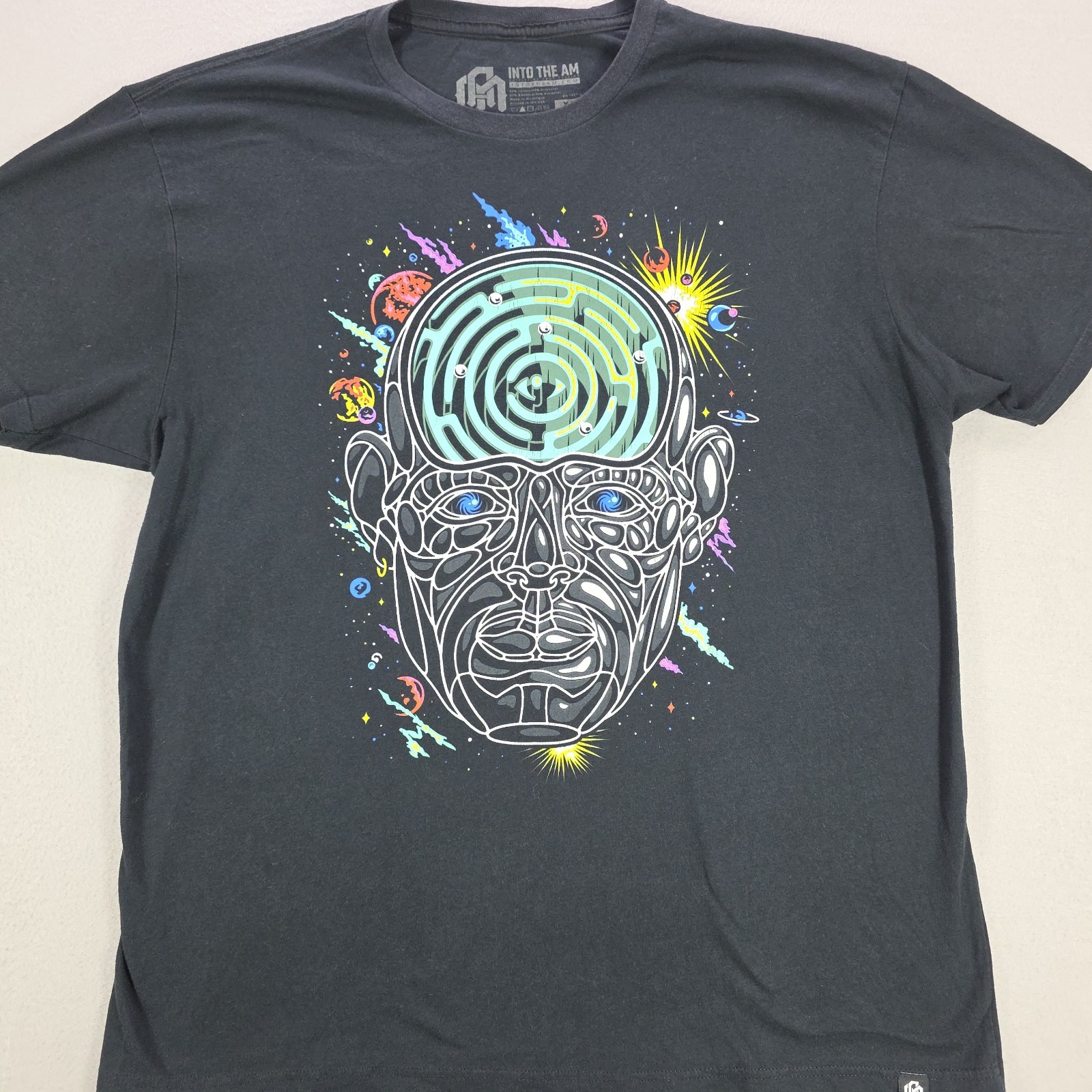 Into The Am Shirt Adult XL Black Graphic Space Stars Planets Face Trippy Puzzle