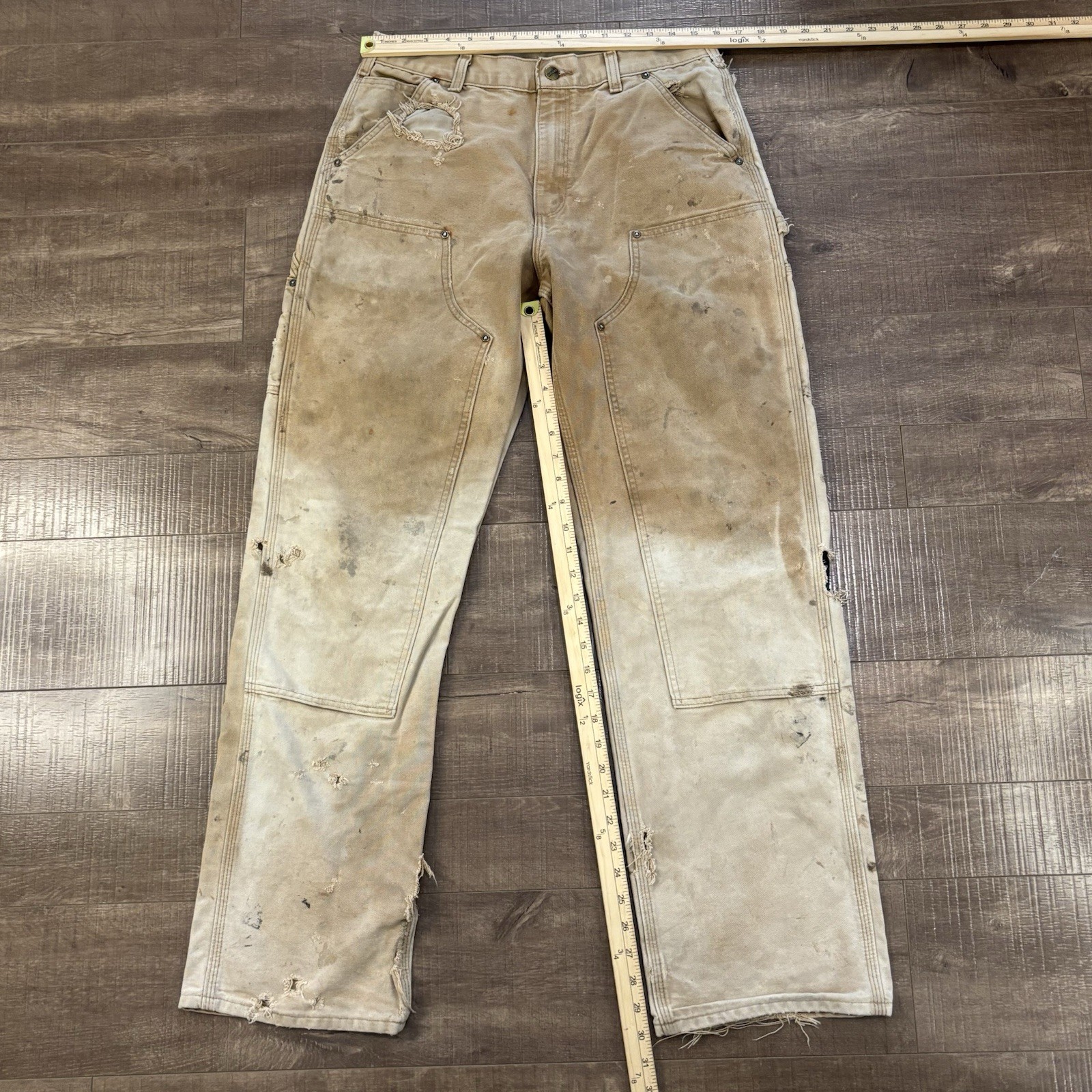 CARHARTT Double Knee CARPENTER PANTS 32X34 B136 BRN Tan THRASHED vtg FADED F6