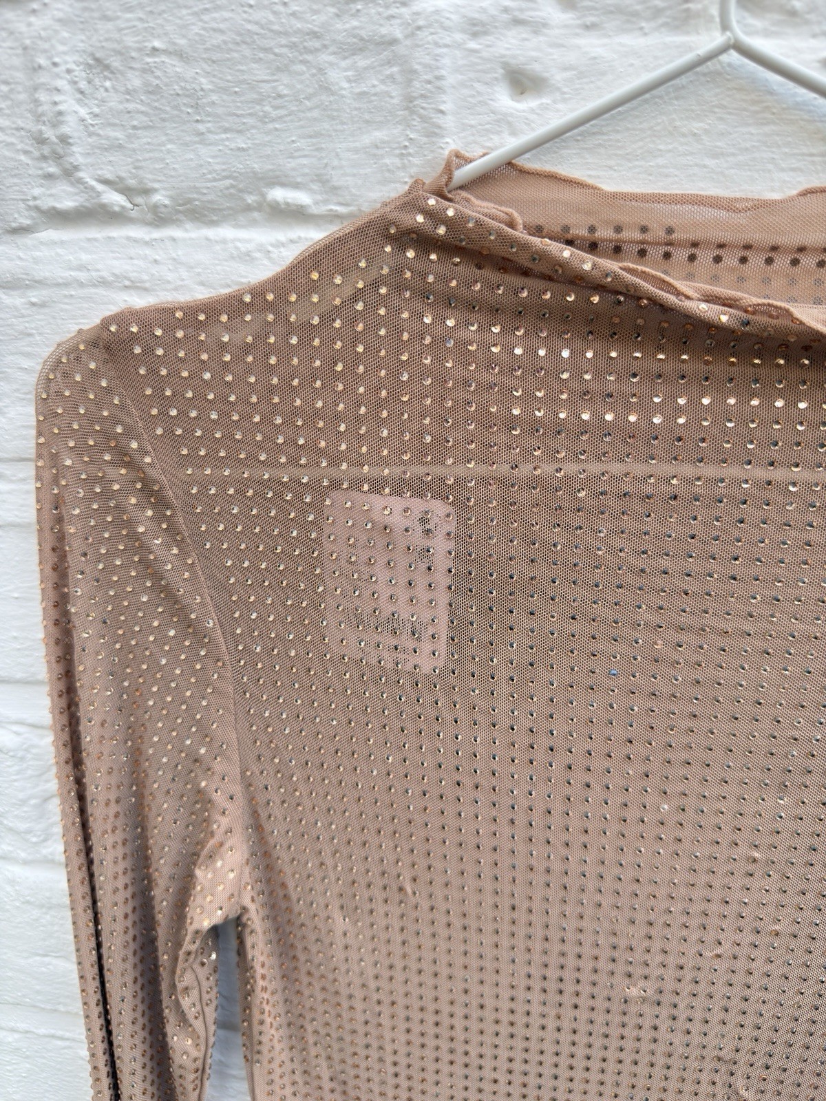 Free People Beige Sheer Mesh Studded Mock Neck Long Sleeve Top Size XS