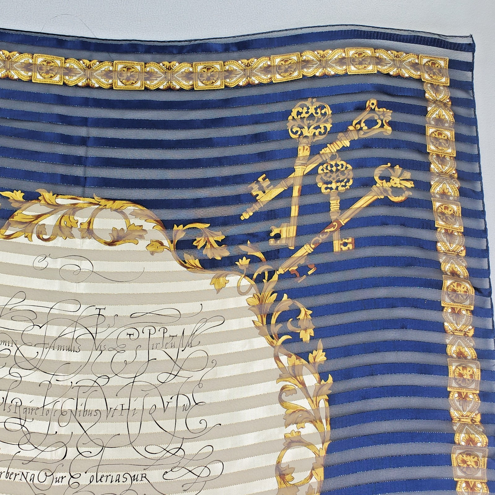 VTG Manuscript Scarf 35in Square Blue Shadow Stripe Faux Latin Gold Metallic Key