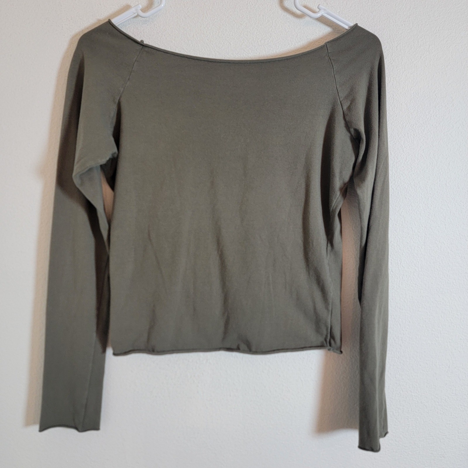 Brandy Melville Olive Green Long Sleeve Cotton Boat Neck Top OS (XS?) Casual