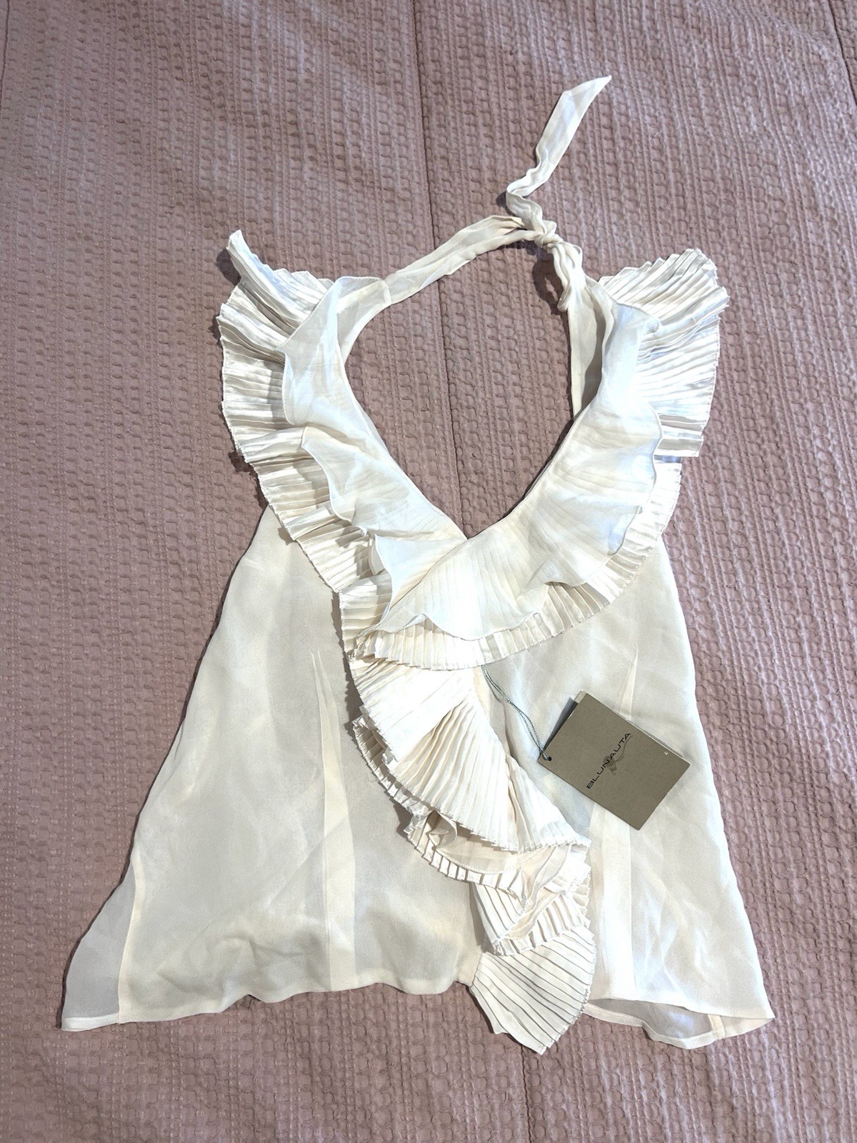 Blunauta 100% Silk Halter Top Cream Ruffle Tie Back Old Money Festival Fairy