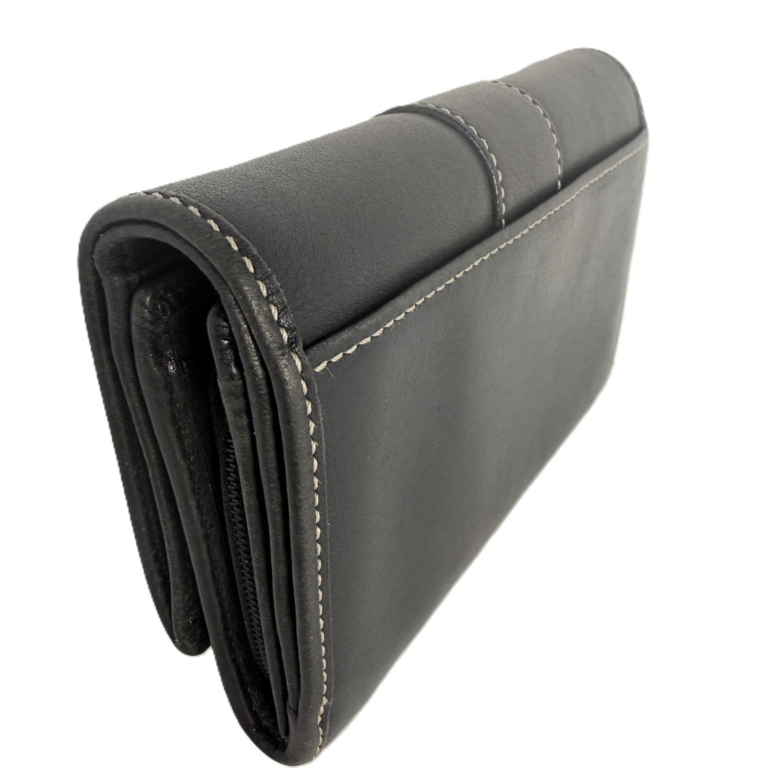 Coach Leatherware Black Leather Wallet Organizer White Stitch Zip Coin Holder