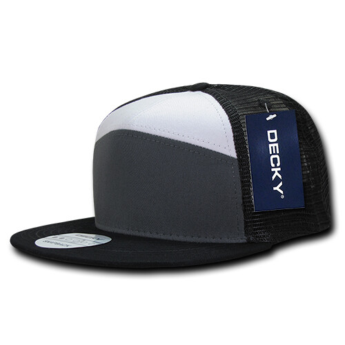 7 Panel Trucker Hat – Black, White, and Gray, 100% Cotton (Decky 1133-CHAWHTBLK)