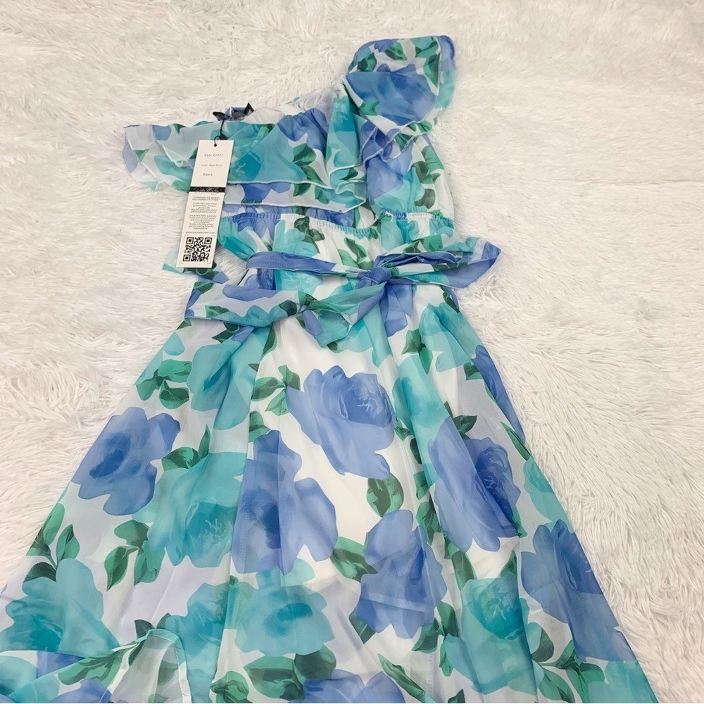 Dalia McPhee one shoulder ruffle floral chiffon maxi dress elastic waist blue