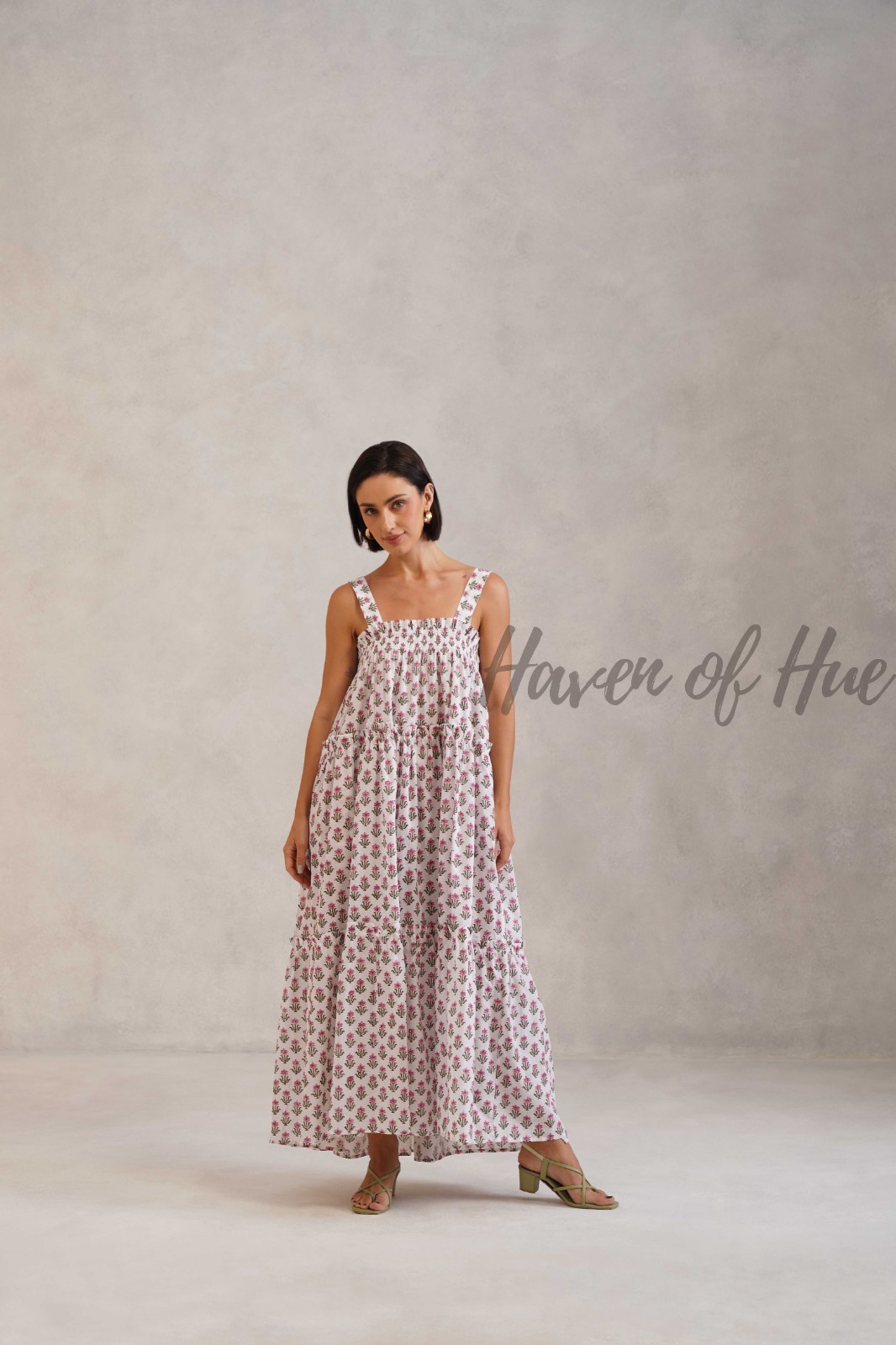 Hand Block Printed Cotton Midi Dress, Tie Up Shoulder Straps, Boho Style