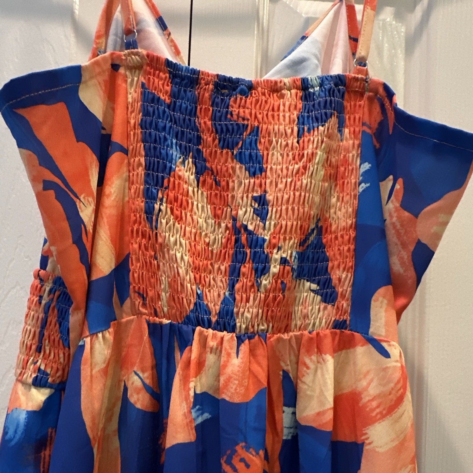 Grace Karin Blue Orange Beige Abstract V-Neck Smocked Bow Maxi Dress L