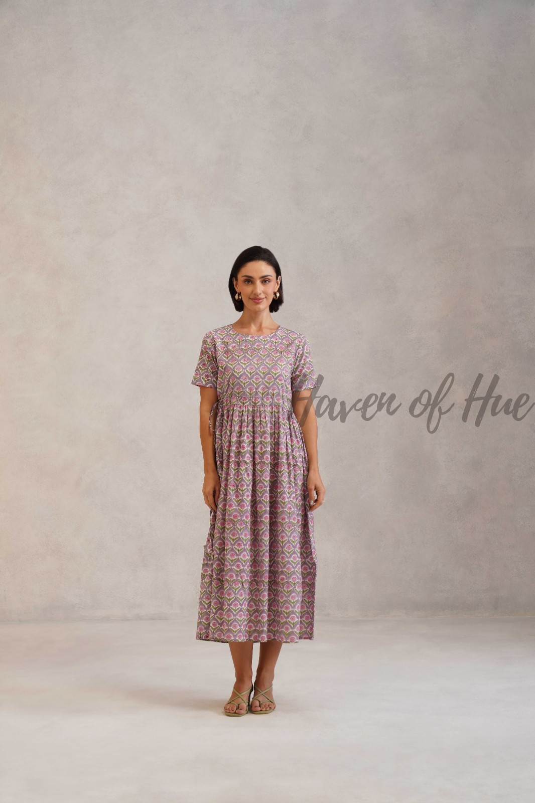 Partywear Bohemian Cotton Midi Dress: Hand Block Print, Adjustable Waist Ties