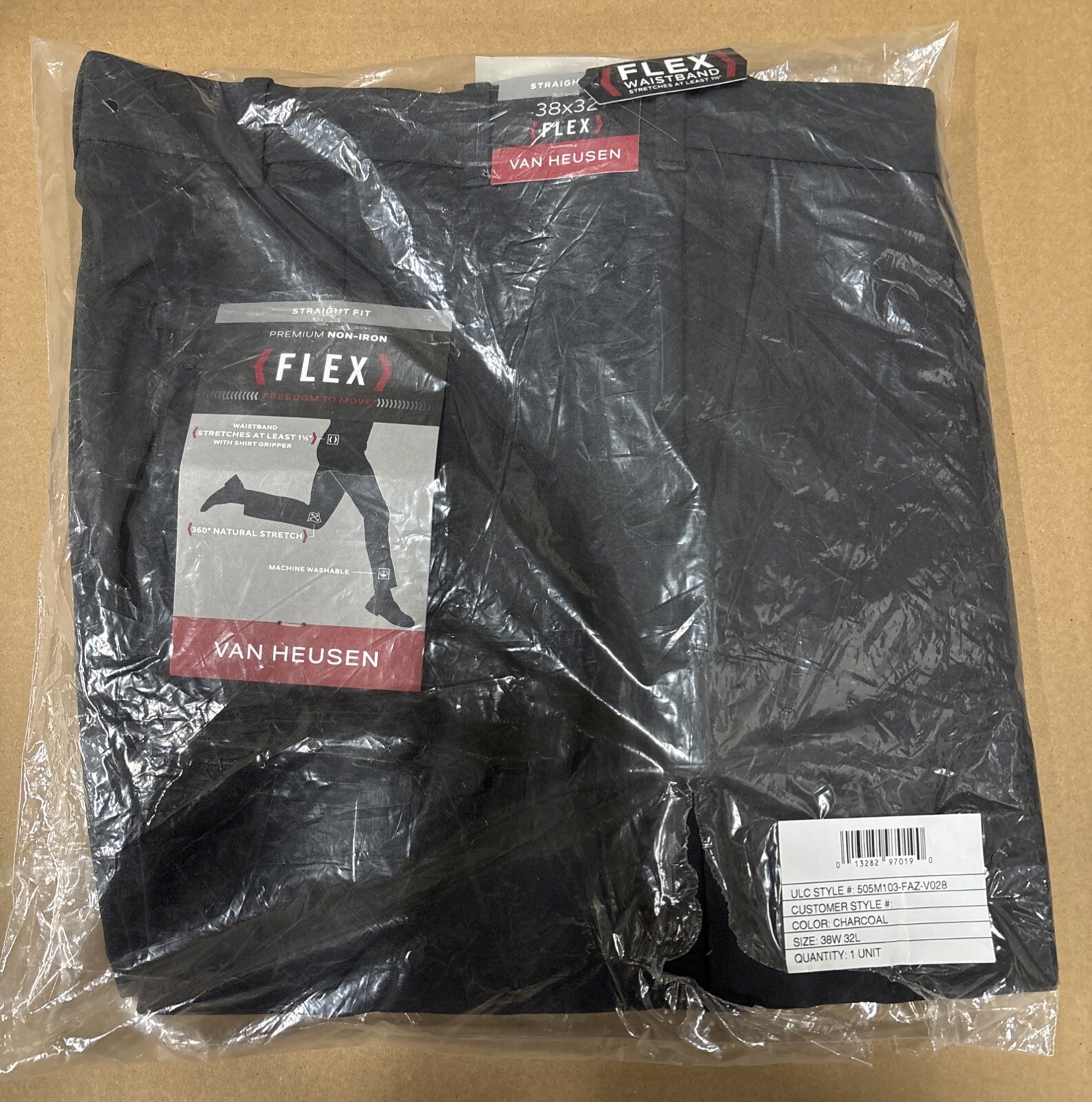 Van Heusen Men’s Flex Flat Front Straight Fit Pant Size 38W x 32L In Charcoal